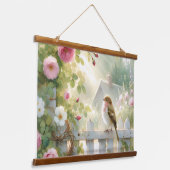 Garden Rose Bird Watercolor Scene Hangend Wandkleed (Gebogen)