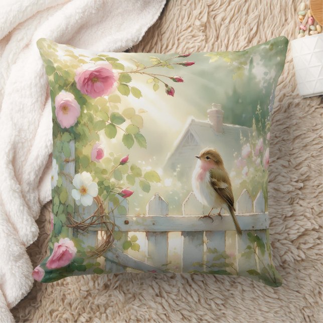 Garden Rose Bird Watercolor Scene Kussen (Deken)