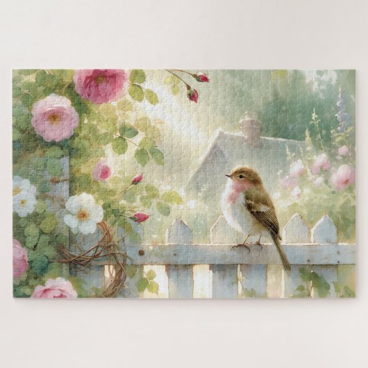 Garden Rose Bird Watercolor Scene Legpuzzel (Horizontaal)