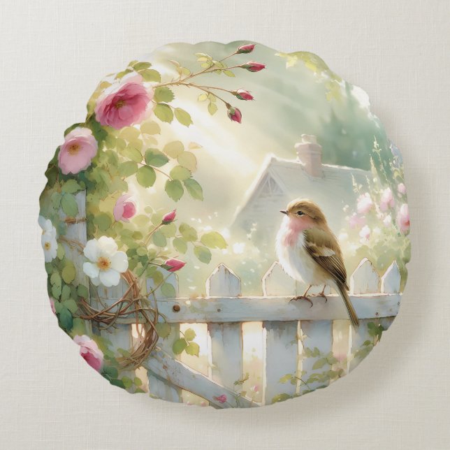 Garden Rose Bird Watercolor Scene Rond Kussen (Voorkant)