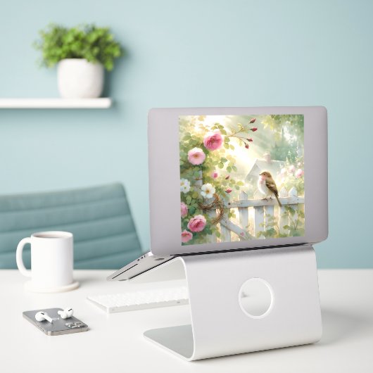 Garden Rose Bird Watercolor Scene Sticker (Laptop op bureau)