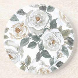 Garden Roses | White Watercolor Floral Vintage Zandsteen Onderzetter