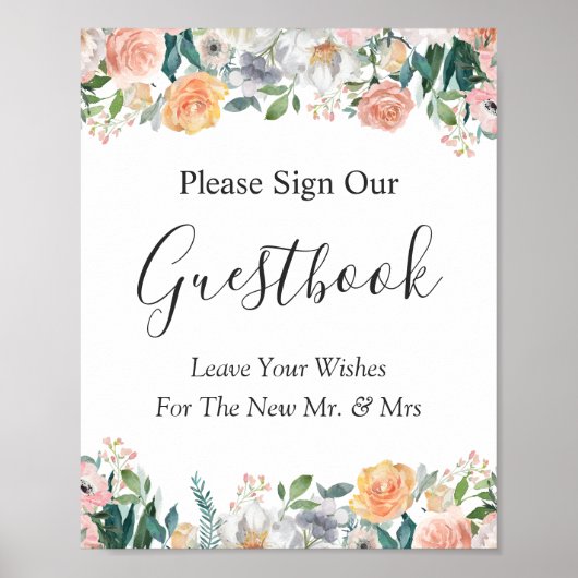 Garden Rozen Floral Wedding Guestbook Sign Poster (Voorkant)
