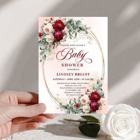 Garden Rustic Burgundy Peonies Baby Shower Invite Kaart