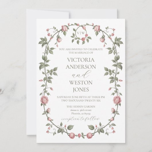 Garden Sage Green Wedding Monogram Uitnodiging (Voorkant)