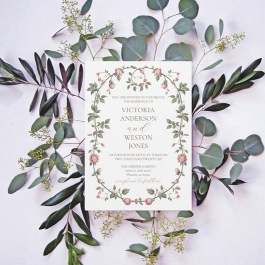 Garden Sage Green Wedding Monogram Uitnodiging