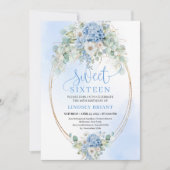 Garden Script Blue Floral Gold Sweet 16 Birthday  Kaart (Voorkant)