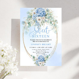 Garden Script Blue Floral Gold Sweet 16 Birthday  Kaart