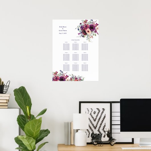 Garden Splash Floral Wedding Dinner Sechart Poster (Thuiskantoor)