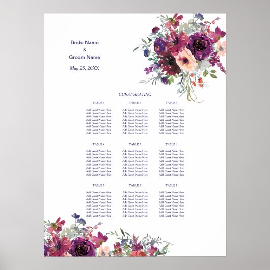 Garden Splash Floral Wedding Dinner Sechart Poster (Voorkant)
