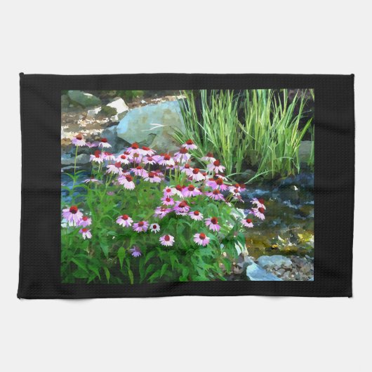 Garden Stream Digitaal met Paarse Coneflowers Theedoek (Horizontaal)