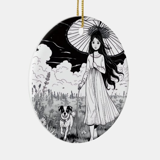 Garden Stroll Meisje en hond Keramisch Ornament (Rechts)