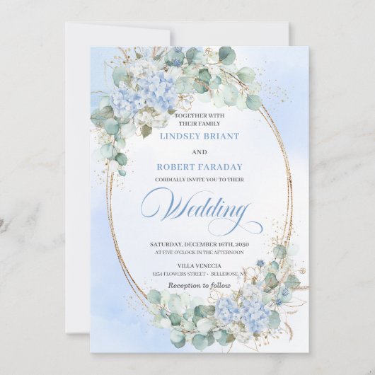 Garden Style Blue Hydrangea Wheat Wedding Invite Kaart (Voorkant)