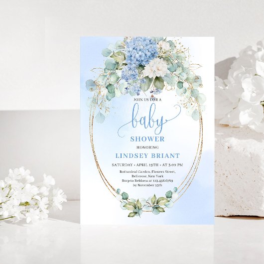 Garden Style Blue Hydrangeas Baby Shower Invitatio Kaart
