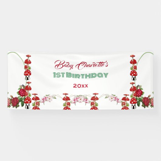 Garden Toadstool Rustic Rozen Baby 1e verjaardag Spandoek (Horizontaal)