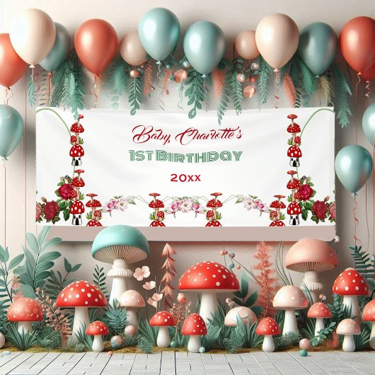 Garden Toadstool Rustic Rozen Baby 1e verjaardag Spandoek