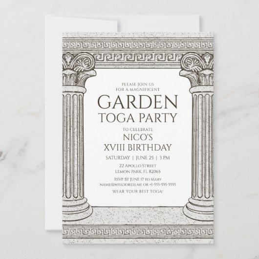 Garden Toga Party nodiging met steenkolommen Kaart (Voorkant)