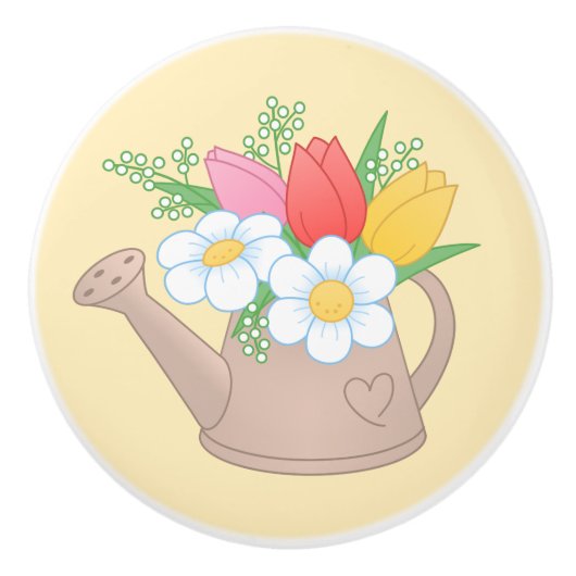 Garden Watering can met Flowers on Yellow Keramische Knop (Voorkant)