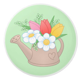 Garden Watering Kan met bloemen op groen Keramische Knop