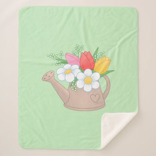 Garden Watering Kan met bloemen op groen Sherpa Deken (Voorkant)