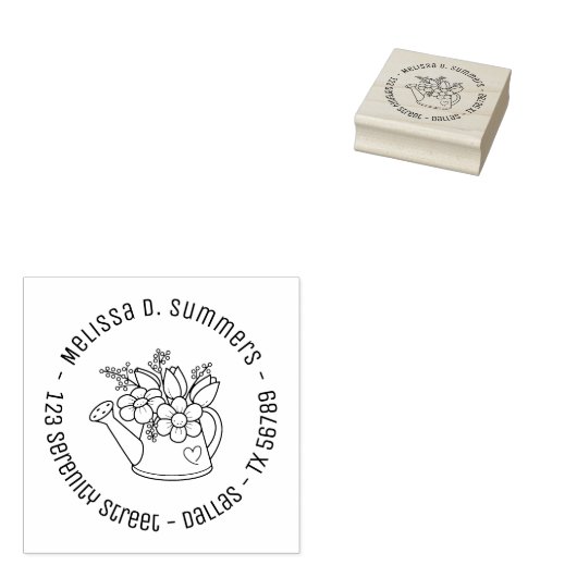 Garden Watering kan met bloemen rond adres Rubberstempel (Gestempeld)