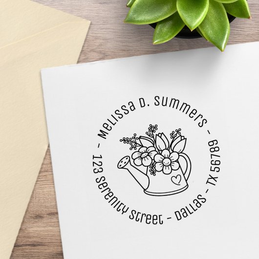 Garden Watering kan met bloemen rond adres Rubberstempel