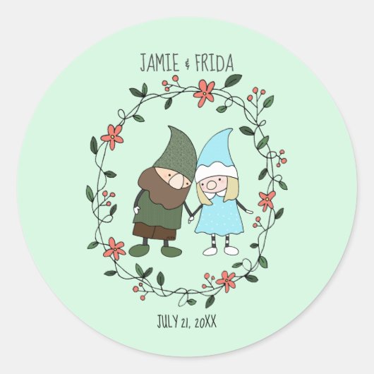Garden Wedding Nordic Gnomen Couple Custom Favor Ronde Sticker (Voorkant)