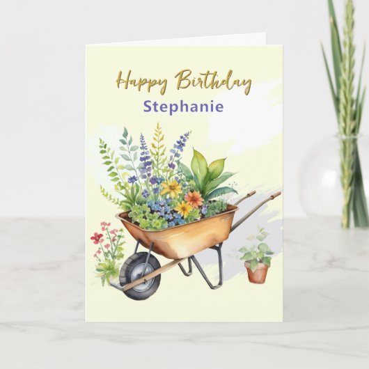 Garden Wheelbarrow Custom Name Happy Birthday Kaart (Voorkant)