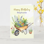 Garden Wheelbarrow Custom Name Happy Birthday Kaart (Gele Bloem)