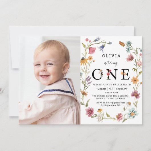 Garden Wildflower 1e verjaardag Fotouitnodiging Kaart (Voorkant)