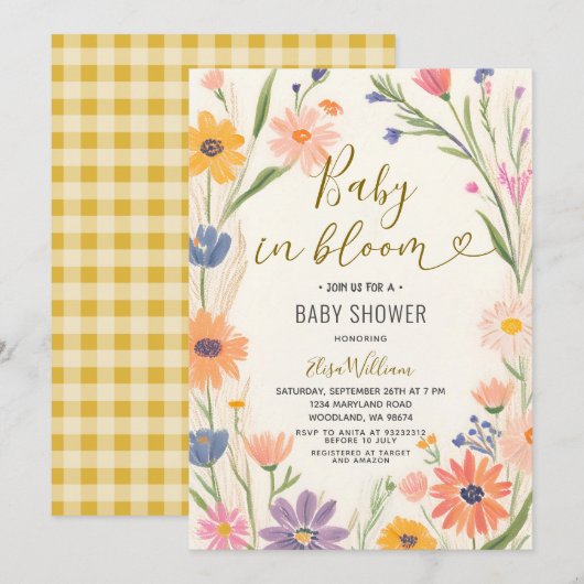 Garden Wildflower Baby in Bloom Invitation Kaart (Voorkant / Achterkant)