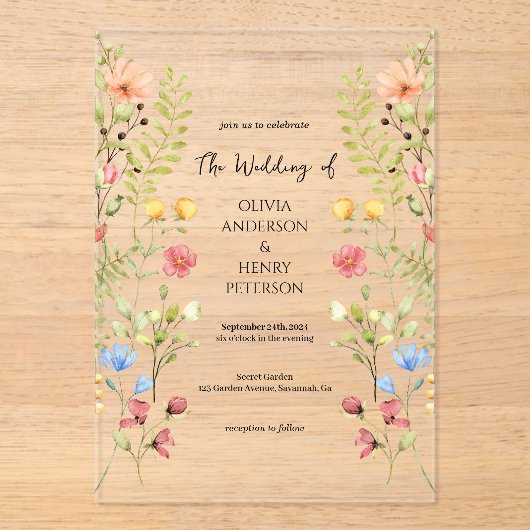 Garden Wildflower Spring Floral Wedding Acryl Uitnodigingen (Voorkant)