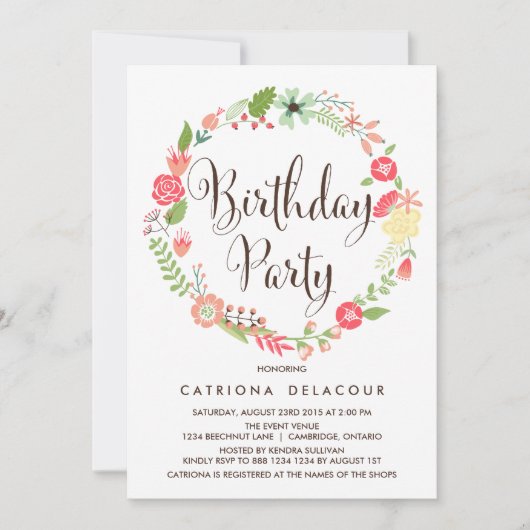 Garden Wreath Birthday Party Invitation Kaart (Voorkant)