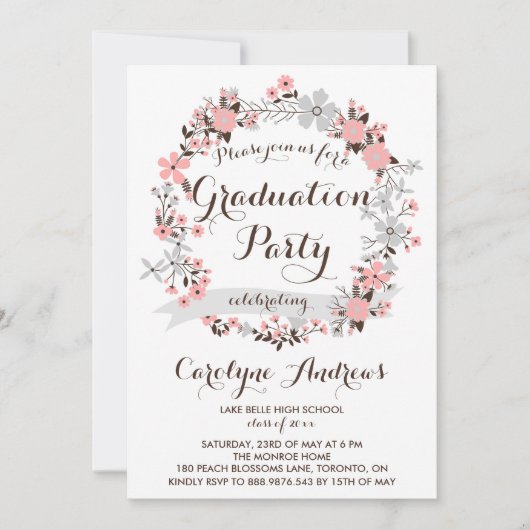 Garden Wreath | Roze en grijze Afstuderen Kaart (Voorkant)