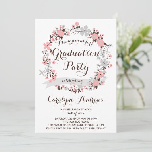 Garden Wreath | Roze en grijze Afstuderen Kaart (Staand voorkant)