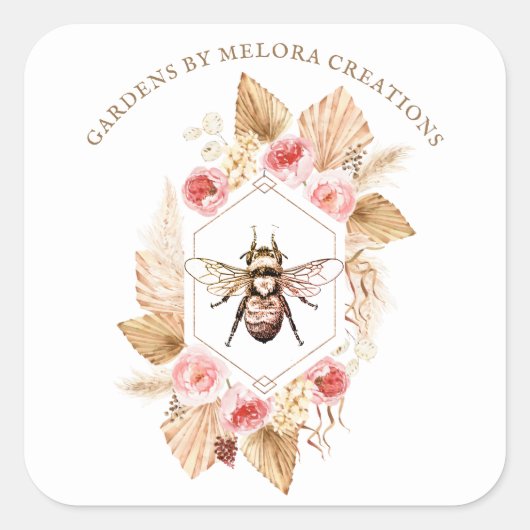Gardener Honey Bee and Blush Pink and Floral Vierkante Sticker (Voorkant)