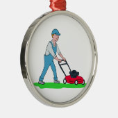 Gardener Mowing Lawn Cartoon Metalen Ornament (Rechts)