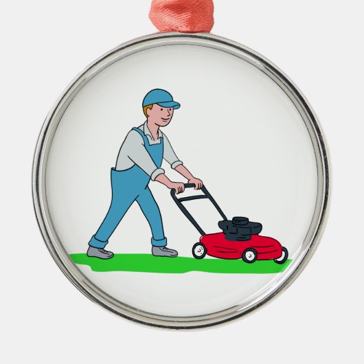 Gardener Mowing Lawn Cartoon Metalen Ornament (Voorkant)