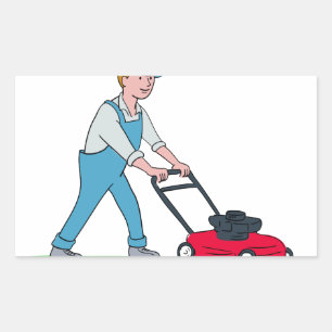 Gardener Mowing Lawn Cartoon Rechthoekige Sticker