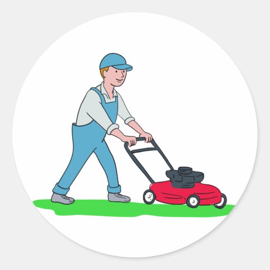 Gardener Mowing Lawn Cartoon Ronde Sticker (Voorkant)
