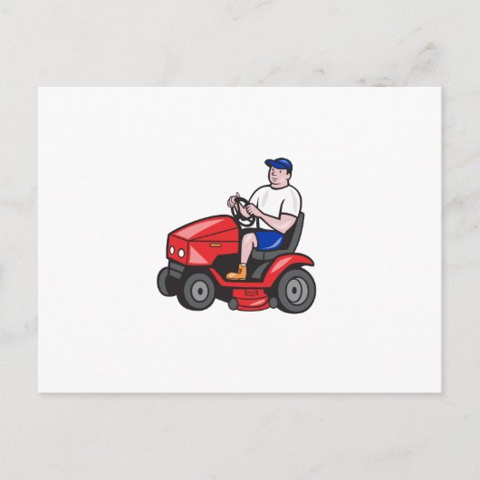 Gardener Mowing Rideon Lawn Mower Cartoon Briefkaart (Voorkant)