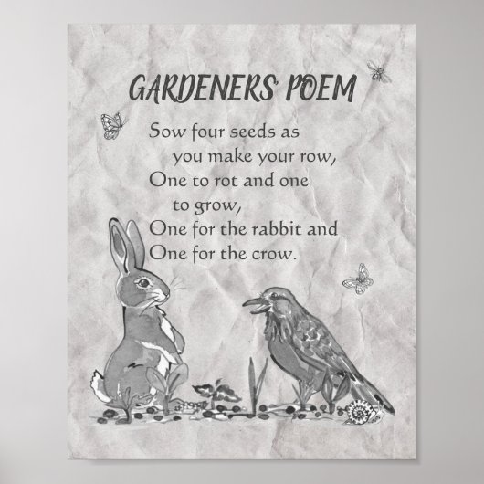 Gardeners' Poem Black & White Seeds, Rabbit, Crow Poster (Voorkant)