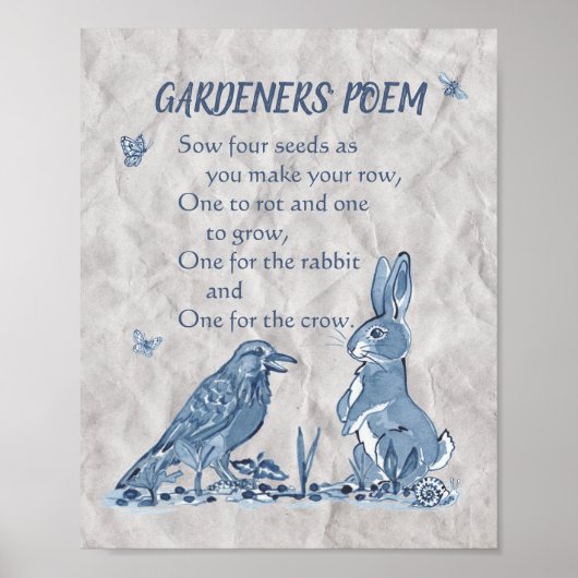 Gardeners' Poem Blue & White Seeds, Rabbit, Crow Poster (Voorkant)
