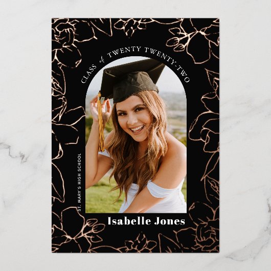 Gardenia Black Floral Arch Photo Afstuderen Folie Uitnodiging (Voorkant)