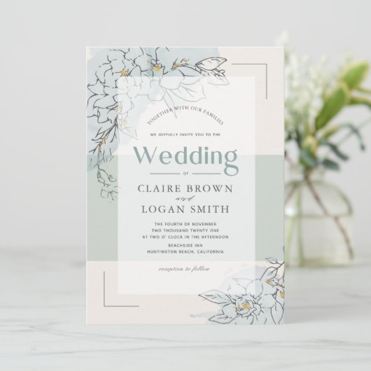 Gardenia Botanical Sage Green Modern Wedding Kaart (Staand voorkant)