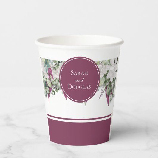 Gardenia/Snapdragon Wedding Paars Paper Cup Papieren Bekers (Achterkant)