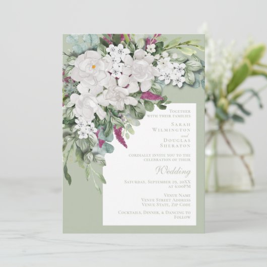 Gardenia/Snapdragon Wedding Sage Invite Kaart (Staand voorkant)