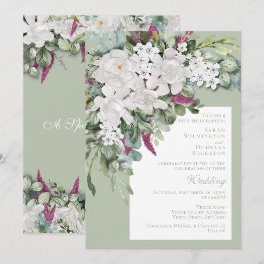 Gardenia/Snapdragon Wedding Sage Invite Kaart (Voorkant / Achterkant)
