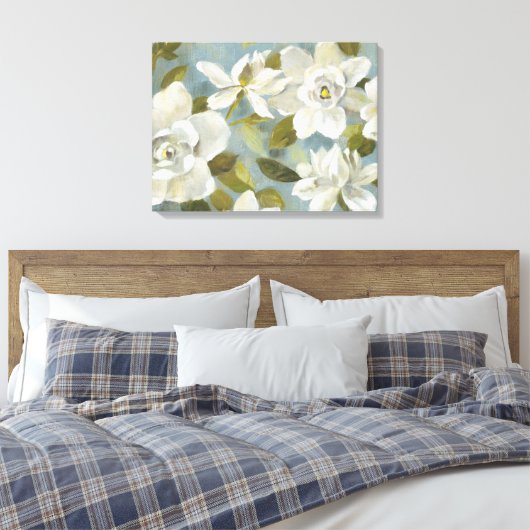 Gardenias op Slate Blue Canvas Afdruk (Insitu (Slaapkamer))