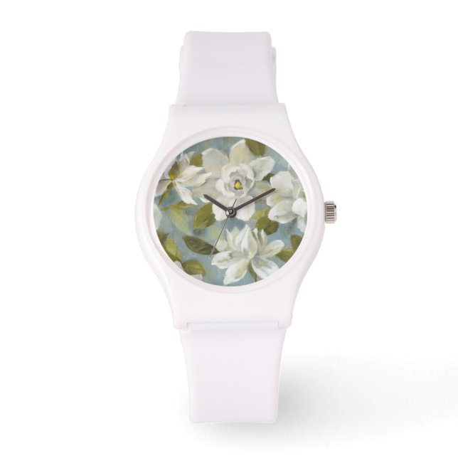 Gardenias op Slate Blue Horloge (Voorkant)